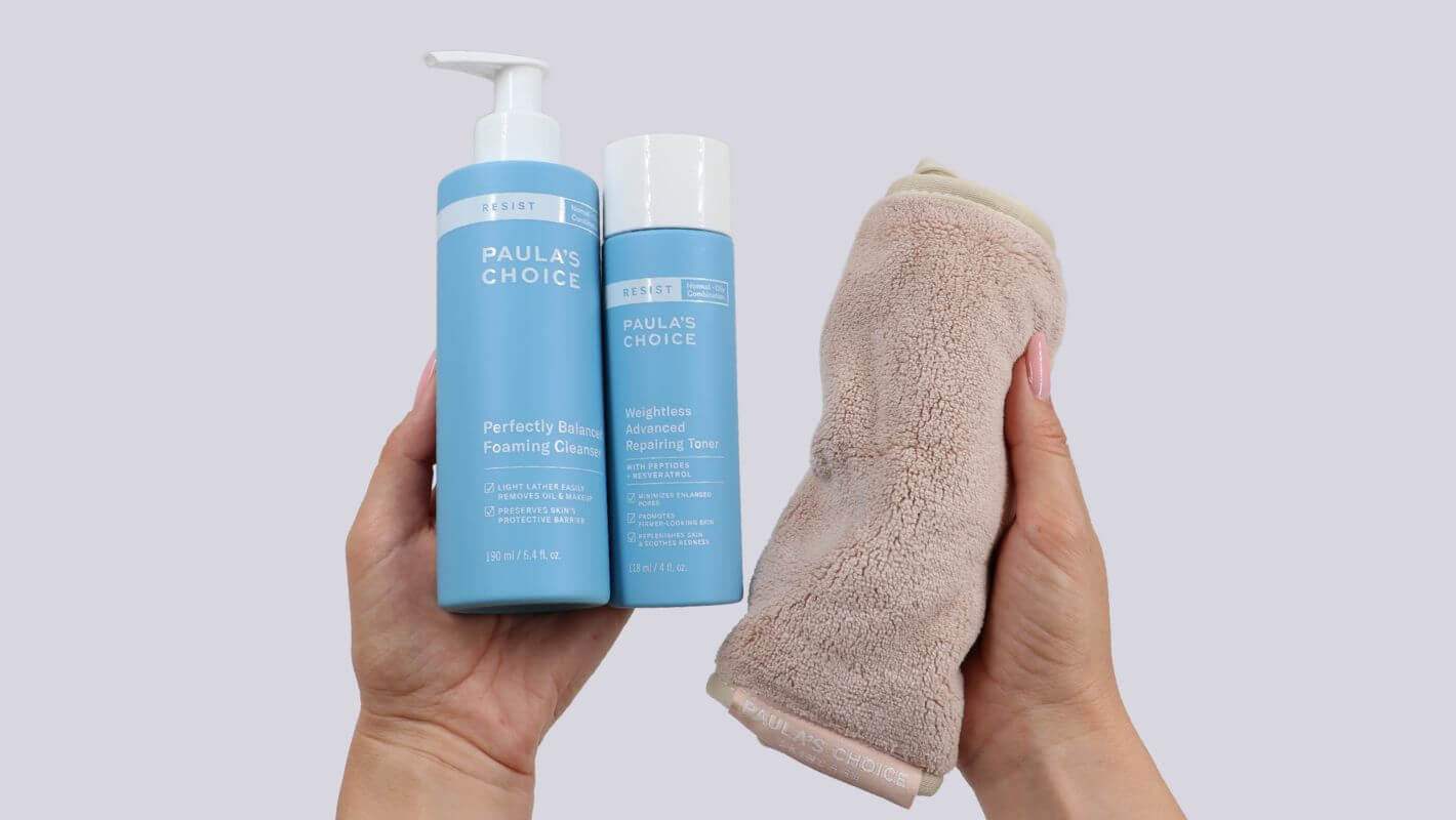 cleanser, toner și lavetă facială